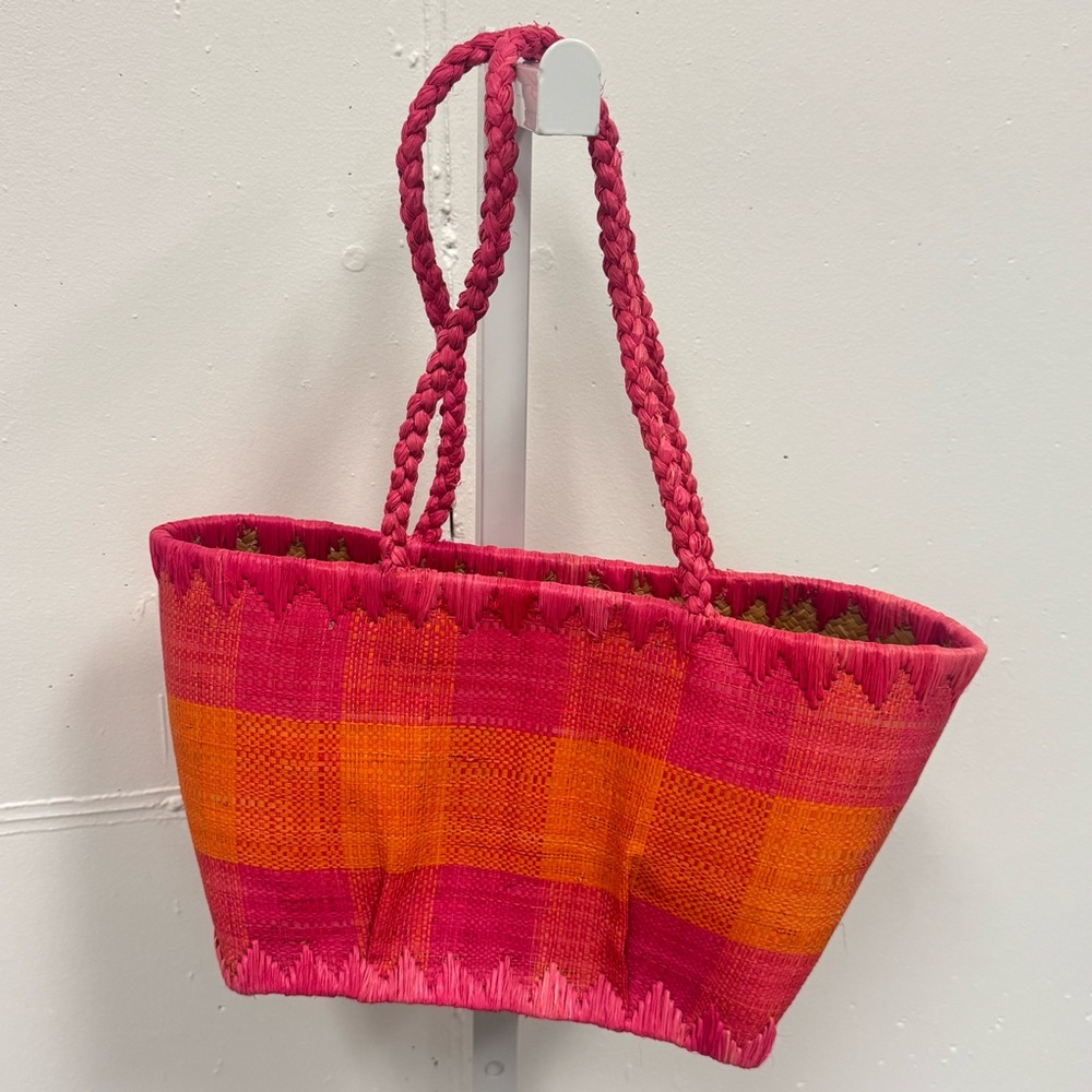 Annabel Ingall Australia Wicker Pink and Orange Straw Tote Colorblock Mini Bag - Picture 2 of 9